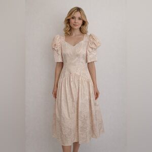 Romantic champagne vintage dress puffy sleeves lace cottagecore tulle